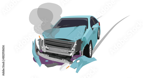 Vehicle accidents blue car crash on the front is severe damage. Broken front bumper Front hood is slightly open. There was smoke coming out. engine oil leak. On isolated white background.