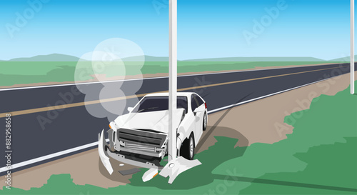 Car accident on the road asphalt. It crashed into an electric pole. on the side of the road causing severe damage to the front. There was smoke coming out.