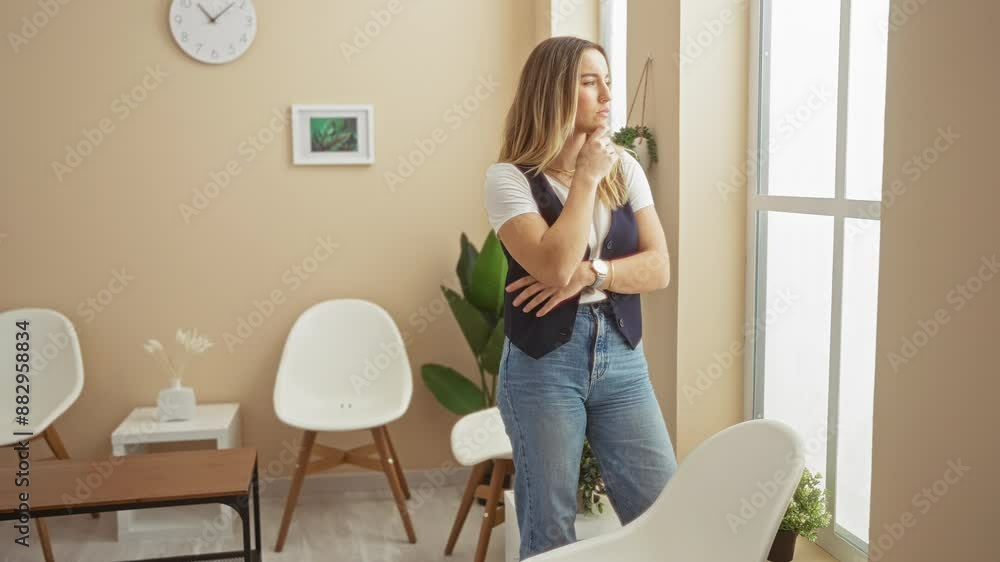 A beautiful young blonde woman stands indoors looking thoughtfully out the window in a waiting room with modern furniture and decor. A beautiful young blonde woman stands indoors looking thoughtfully out the window in a waiting room with modern furniture and decor.
