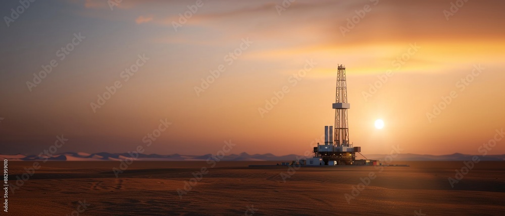 Crude oil extraction, massive drilling rig, augmented reality overlays, desert backdrop, high contrast, futuristic technology, photorealistic, scifi Crude oil extraction, massive drilling rig, augmented reality overlays, desert backdrop, high contrast, futuristic technology, photorealistic, scifi