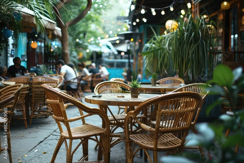 Cozy bistro with wicker chairs and lush greenery photo