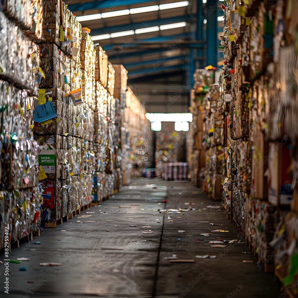 Fototapeta premium Warehouse Filled with Sorted Recyclable Materials for Waste Management and Reuse