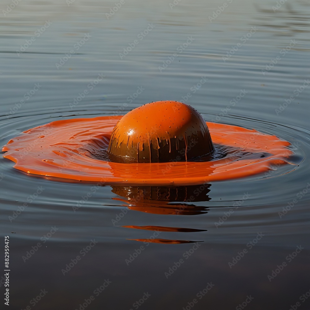 A large brown object in the water is covered in orange A large brown object in the water is covered in orange