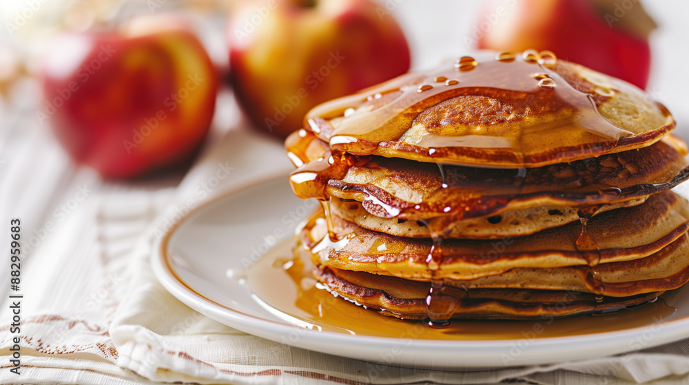 Gourmet Apple Cider Pancakes Stack with Caramel Drizzle, Tasty Breakfast Advertisement Shot on White Background Gourmet Apple Cider Pancakes Stack with Caramel Drizzle, Tasty Breakfast Advertisement Shot on White Background