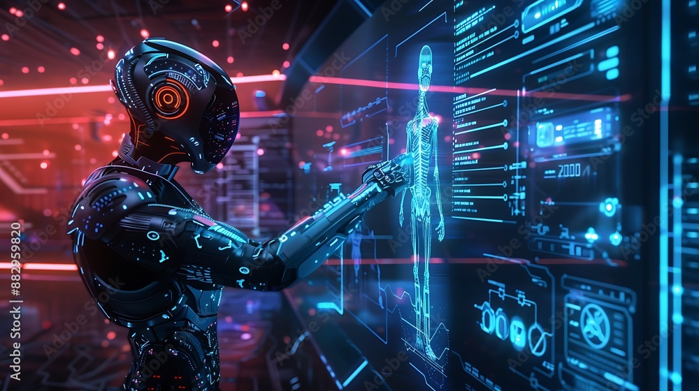 Futuristic AI Hacker and AI Assistant in Holographic Display Control Room Futuristic AI Hacker and AI Assistant in Holographic Display Control Room