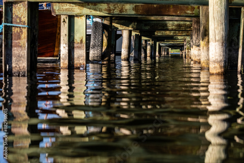 Stockholm, Sweden An underside or water-level view of a  wooden dock on Lake Malaren.