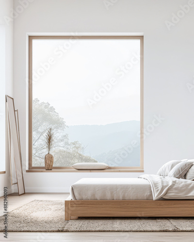 Minimalist bedroom interiors composition in neutral colors with a bed, natural lighting and minimal furniture. Rest conceptual image with copy space.