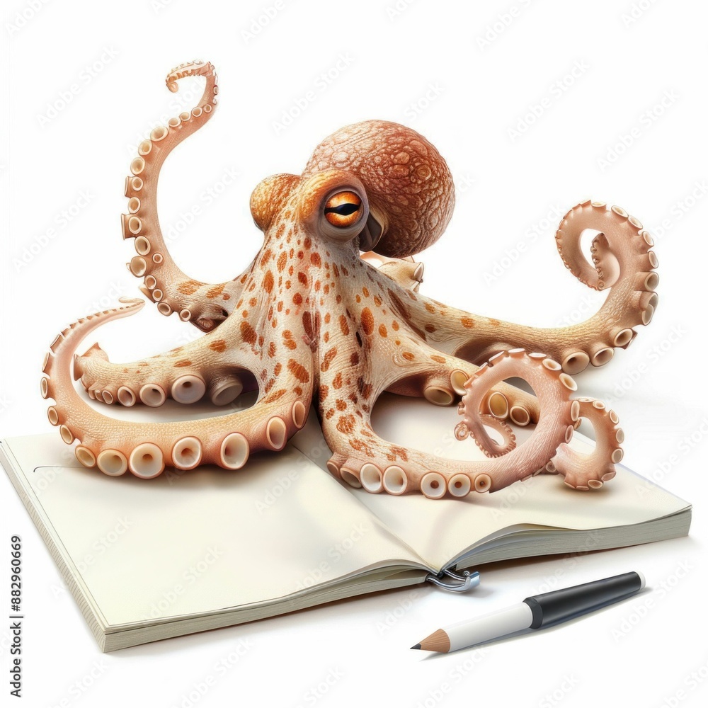 Obraz premium Illustration of Octopus with Drawing Tools. Generative ai