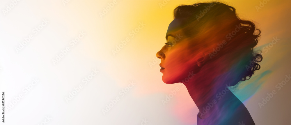 Silhouette of Woman with Colorful Light Effects in Profile View Silhouette of Woman with Colorful Light Effects in Profile View
