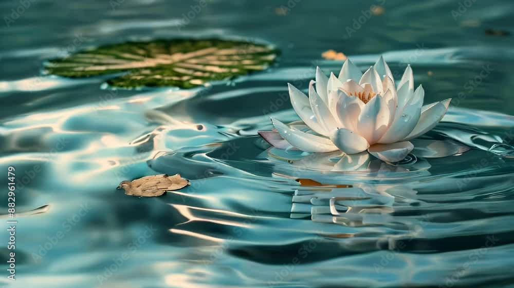 Serene water lily floating on rippling pond surface with delicate ...