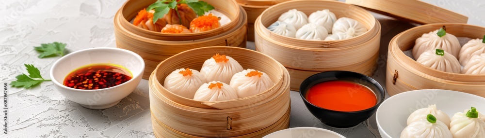 A variety of Asian food is displayed on a table, including dumplings and sauces A variety of Asian food is displayed on a table, including dumplings and sauces