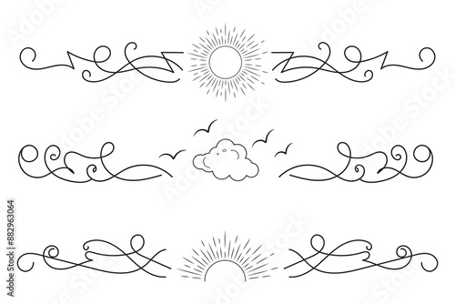 Fancy Lines summer flourish Elegant dividers, hand drawn sunset and sunrise tropical beach ornate text divider, beach vibes Thin line calligraphy page separator decorative element 



