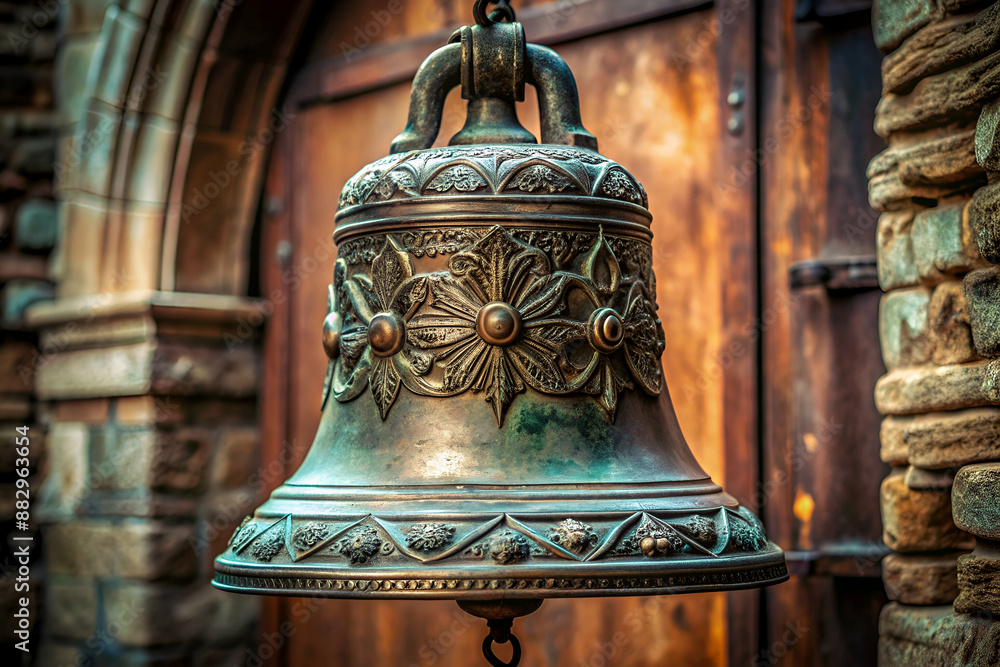 Fototapeta premium A large bell with a floral design hanging from a door