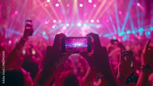 hands of an onlooker holding their phone up to film a live music show at a concert hall