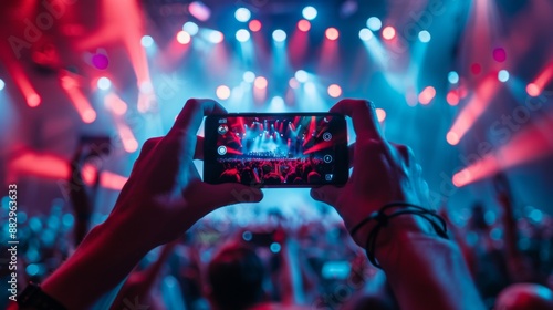 Hands of an onlooker holding a phone filming a live music show at a concert hall