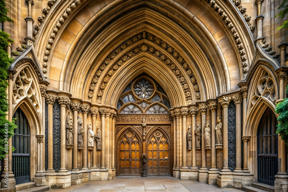 A large, ornate building with a grand entrance. The building is surrounded by a courtyard, and the entrance is flanked by two large doors A large, ornate building with a grand entrance. The building is surrounded by a courtyard, and the entrance is flanked by two large doors