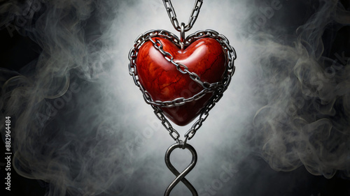 A heart wrapped in smoking chains, representing addiction
