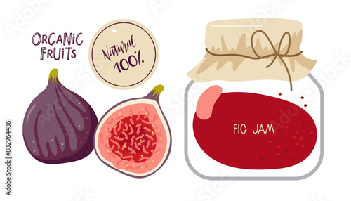 Fig Jam. Canned fig hand drawn doodle sketch. Homemade fruit jelly in glass jar isolated. Jar preserved fruits. Flat vector Food template for menu, sticker, logo, detox diet concept, farmers market.