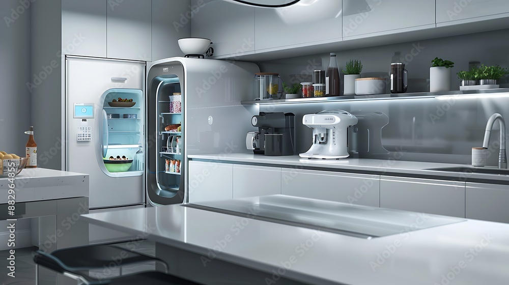 Modern AI Smart Home Concept with Intelligent Fridge, Organized Shelves, and Family Kitchen Harmony Modern AI Smart Home Concept with Intelligent Fridge, Organized Shelves, and Family Kitchen Harmony