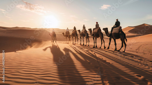 Camel caravan on sand dunes on dessert