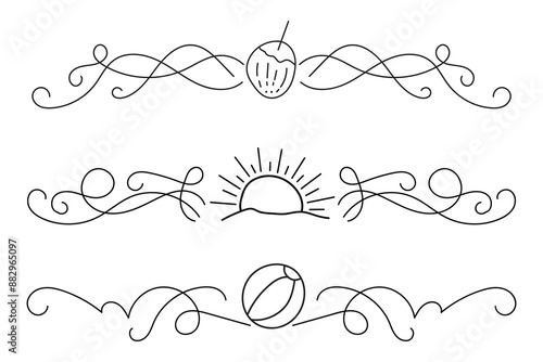 Fancy Lines summer flourish Elegant dividers, hand drawn sunset and sunrise tropical beach ornate text divider, beach vibes Thin line calligraphy page separator decorative element 


