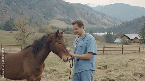 A veterinarian wearing a blue scrubs uniform smiles while examining a brown horse on a rural farm
