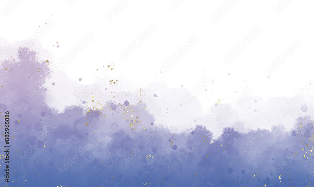 Fototapeta premium Abstract blue and purple watercolor white background with golden crackers. Hand drawn illustration for card templates, greetings or invitations. Brushstrokes and splashes.