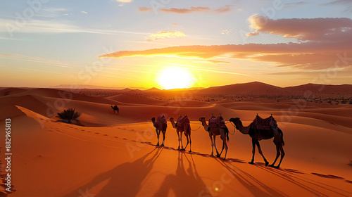 Camel caravan on sand dunes on dessert