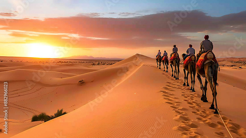 Camel caravan on sand dunes on dessert