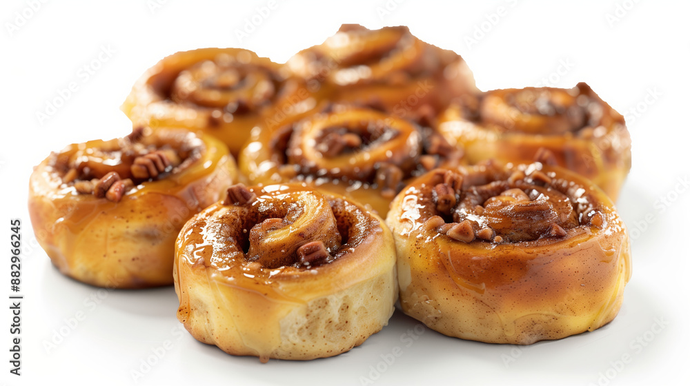 Gourmet Maple Cinnamon Rolls, Autumn Bakery Concept for Promotional Material, on White Background Gourmet Maple Cinnamon Rolls, Autumn Bakery Concept for Promotional Material, on White Background