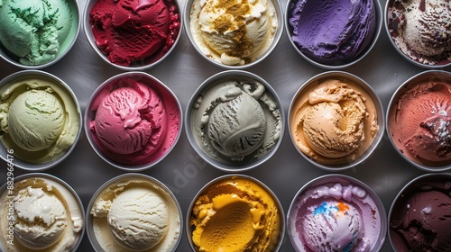 Various flavors of plantbased protein ice cream in an open freezer, Plantbased protein ice cream flavors, Variety and choice concept