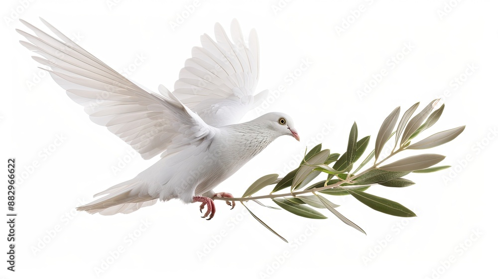 Fototapeta premium A white dove flies with a green branch in its beak against a white background