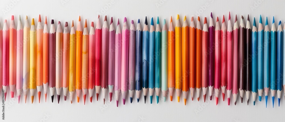 Obraz premium A vibrant collection of colorful pencils arranged in a neat row, perfect for art projects, creative work, and educational purposes.