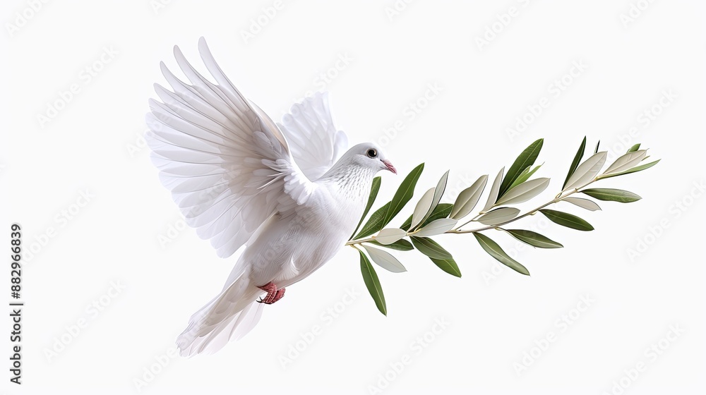 A white dove flies with a green branch in its beak against a white background