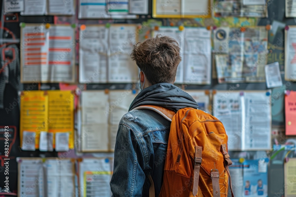 Student looking at a bulletin board Student looking at a bulletin board