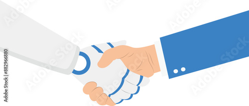 Businessman shaking hands with robot, AI, Collaboration of personnel with artificial intelligence, Concept of using modern technology and innovation, Business human and robot hands shake, Vector.

