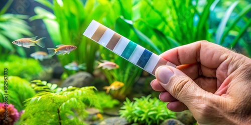 Aquarium enthusiast using test strips to measure water parameters of freshwater aquarium for fish health