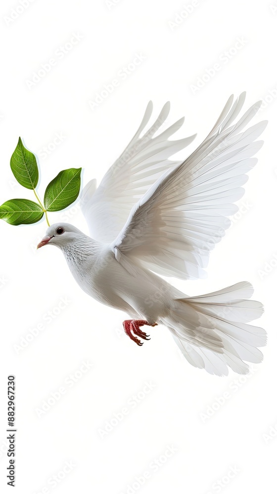 Obraz premium A white dove flies with a green branch in its beak against a white background