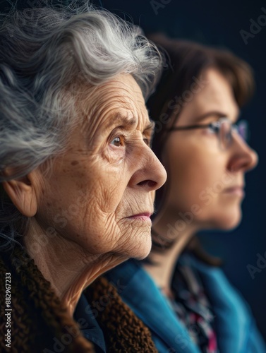 Two women wearing glasses sitting together, looking at something