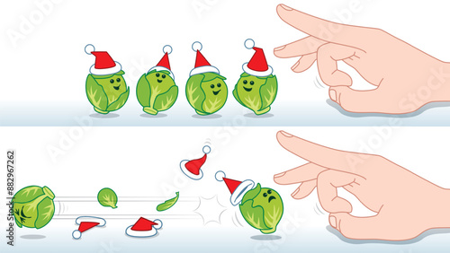 Before and After Action of a Group of happy Green Brussel Sprouts wearing Santa Hats being Flicked by a Finger