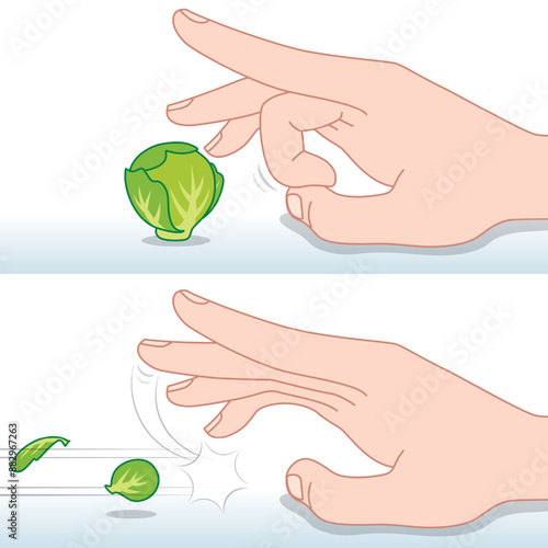 Before and After Action of a Green Brussel Sprout being Flicked by a Finger