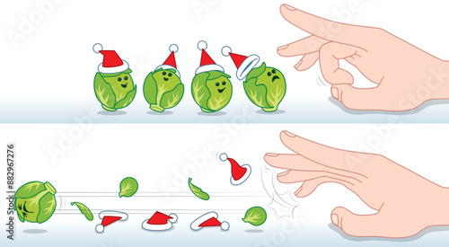 Before and After Action of a group of Happy Green Brussel Sprouts wearing Santa Hats being Flicked by a Finger
