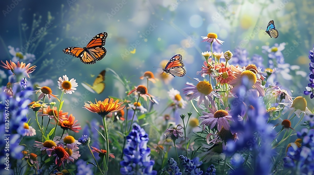 Serene Summer Garden with Vibrant Butterflies and Blossoming Flowers in Soft Sunlight Serene Summer Garden with Vibrant Butterflies and Blossoming Flowers in Soft Sunlight