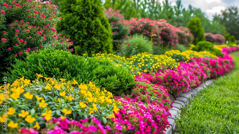 Blooming Paradise: Vibrant Flower Bed in a Lush Summer Garden Blooming Paradise: Vibrant Flower Bed in a Lush Summer Garden
