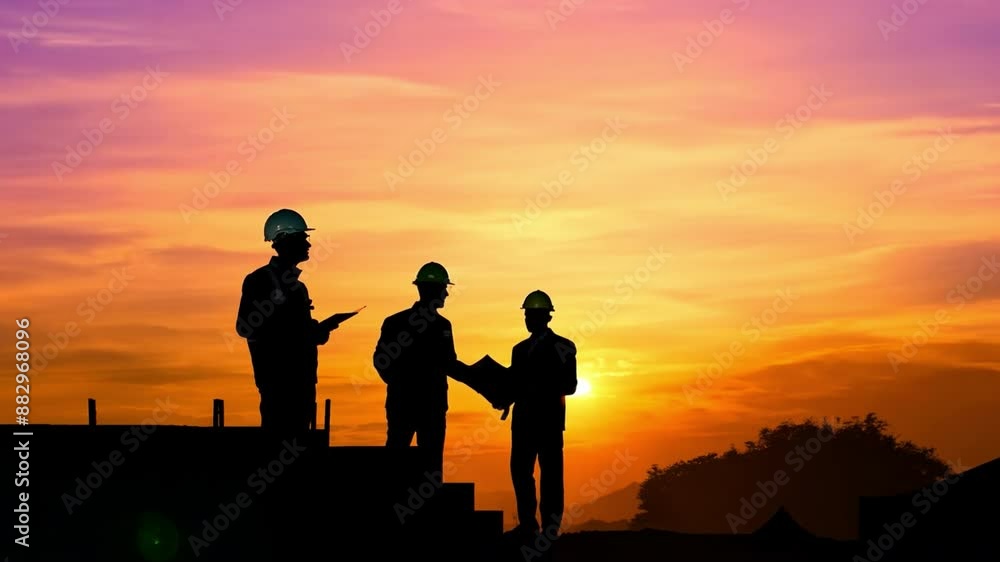 Silhouette of engineer and worker construction team working at site over sunset Silhouette of engineer and worker construction team working at site over sunset