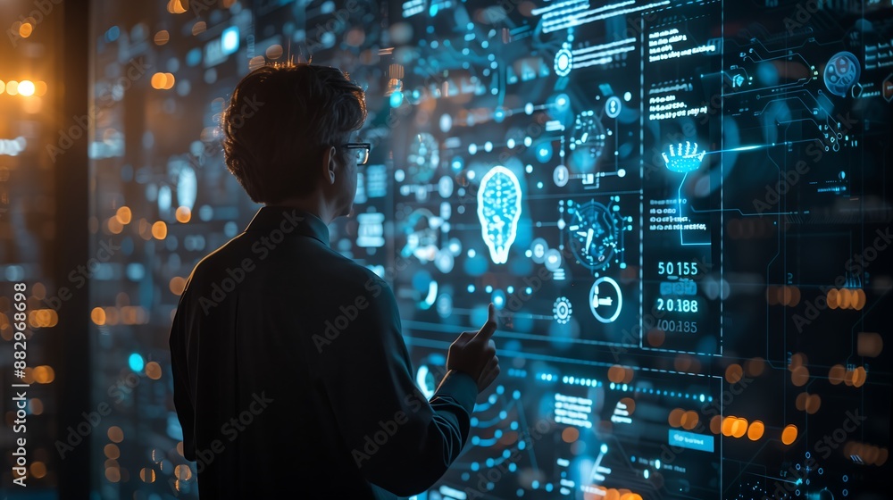 A person interacting with a futuristic digital interface displaying various data visualizations, icons, and holographic projections. The image conveys advanced technology and data analysis concepts. A person interacting with a futuristic digital interface displaying various data visualizations, icons, and holographic projections. The image conveys advanced technology and data analysis concepts.