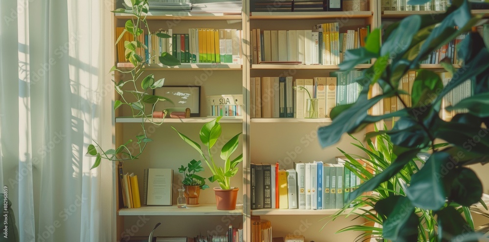 A sunlit bookshelf adorned with vibrant stationery and lush green plants, creating a cozy and inspiring reading nook. The interplay of natural light enhances the colors of notebooks A sunlit bookshelf adorned with vibrant stationery and lush green plants, creating a cozy and inspiring reading nook. The interplay of natural light enhances the colors of notebooks