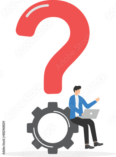 Many organizational questions, Learning to solve problematic questions in business work, Thinking process or analyzing business answers, Businessman with laptop sitting on big question mark.

