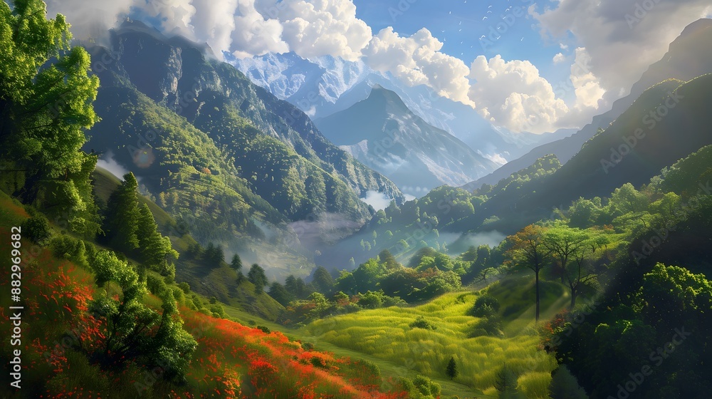 Fototapeta premium Majestic view of beautiful lush green valley with trees and colorful grass against picturesque high mountains. 