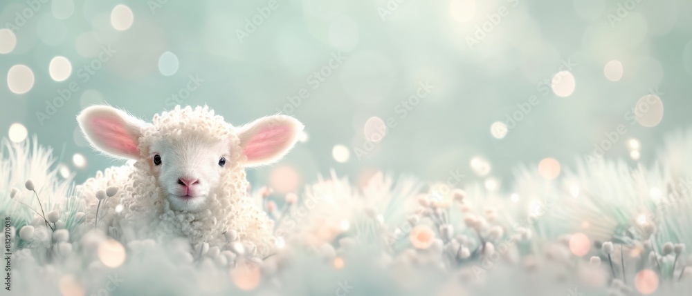 Fototapeta premium Adorable lamb in a dreamy meadow with soft-focus bokeh lights. Perfect for spring themes, nature, and whimsical settings.